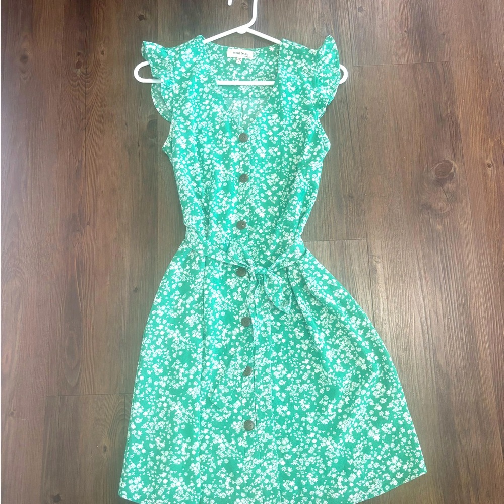 Green Floral Button-Down Dress, size 4, Monteau